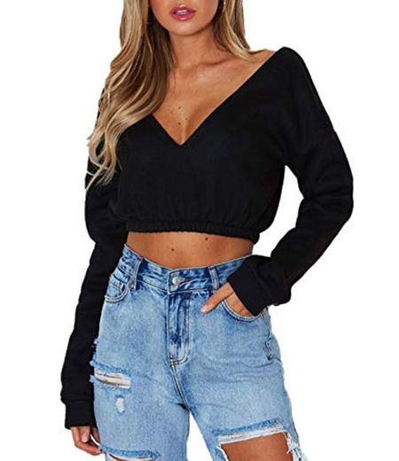 OUFour Primavera y Otoño Mujeres Crop Top Cuello V Manga Larga Remata