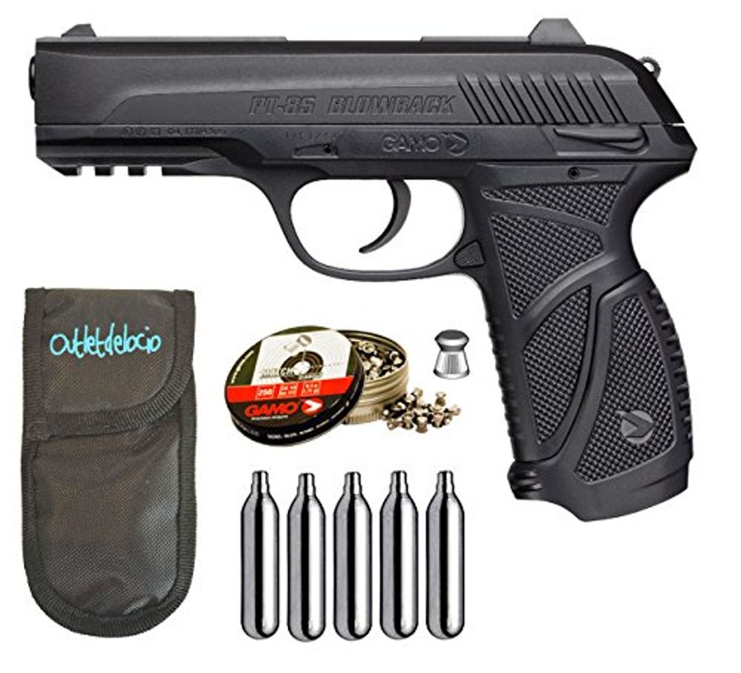 Products Outletdelocio. Pack Pistola Perdigón Gamo PT-85 4,5mm Blowback.