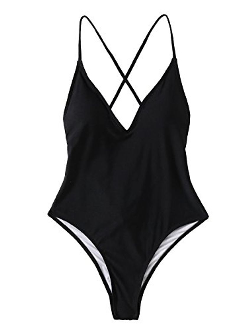 Social SOLYHUX Mujer Ropa de Baño Vestido de Playa Set Biquini una pieza Con Cuello En V Con Cordones Cruzados En La Espalda， Negro Tamaño L