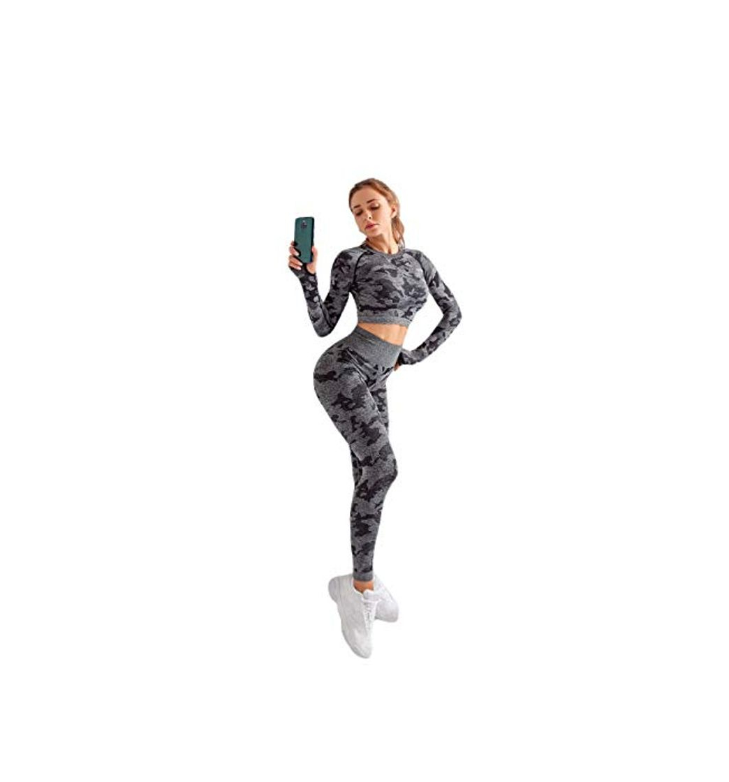 Moda Leggings Yoga Mujer Conjunto De Fitness Conjunto De Leggings De Camuflaje Negro De Manga Larga Conjunto De Gimnasio Sin Costuras Traje De Fitness Conjunto De Ropa Deportiva De Gimnasia para Mu