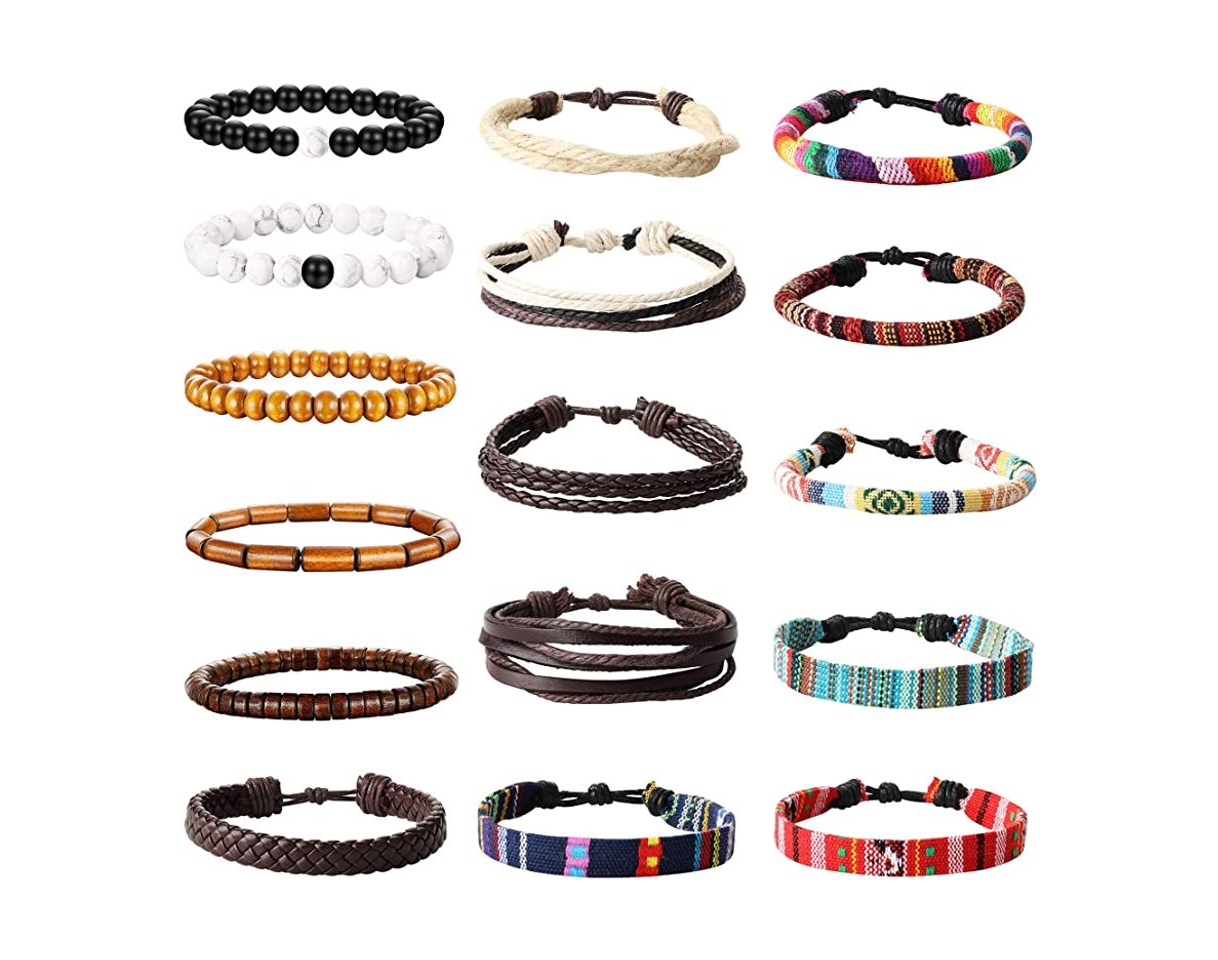 Moda YADOCA 16 Pcs Cuero Cuentas de Madera Cuerda Pulsera para Hombres Mujeres Tribal Étnico Tejido a Mano Boho Cadena Pulseras