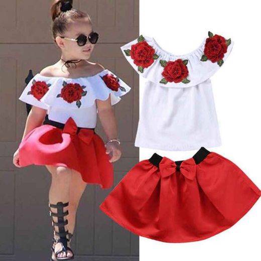 Conjunto de Verano para Niñas Bebés Florales Fuera del Hombro Conjunto de Chica Manga con Volantes en la Parte Superior y Pantalones Cortos Traje para Niñas de Verano