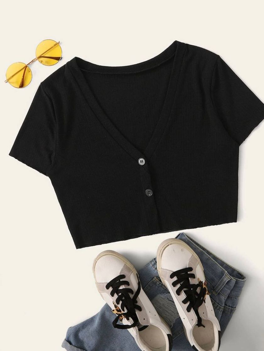 Fashion Preto Butões na frente Simples Casual Camisetas