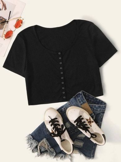 Preto Botão Simples Casual Camisetas