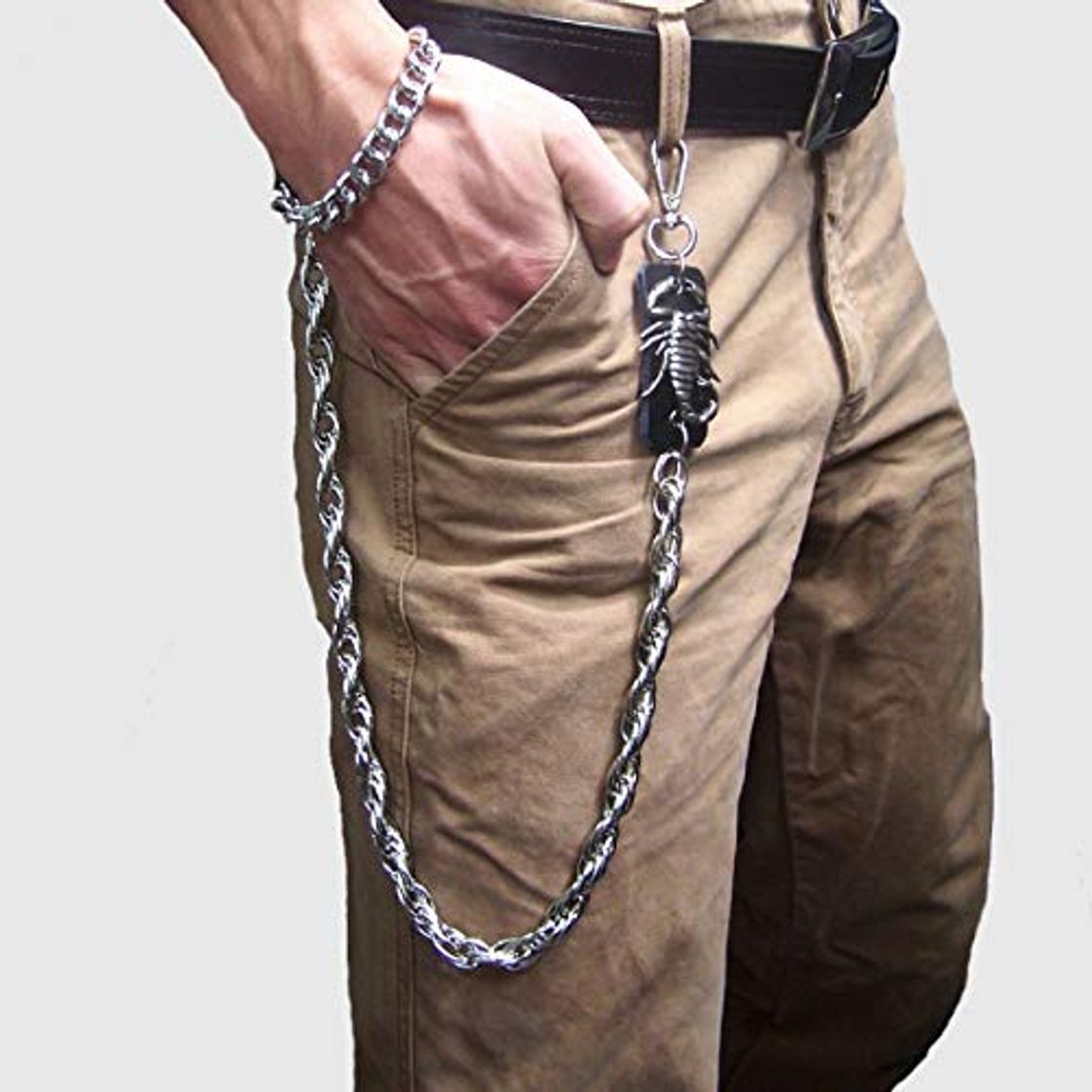 Fashion YTYASO Calças Masculinas Calças Carteira Chaveiro   Chifres Forma De Bala Pingente Metal Link Cintura Corrente   Heavy Chain