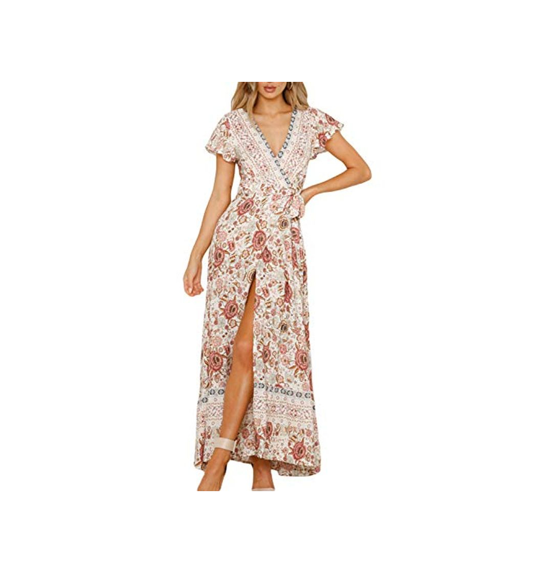 Products Vestido Mujer Bohemio Largo Verano Playa Fiesta Floral Manga Corta Cuello en V Talla Split Wrap Maxi Vestidos 2 S