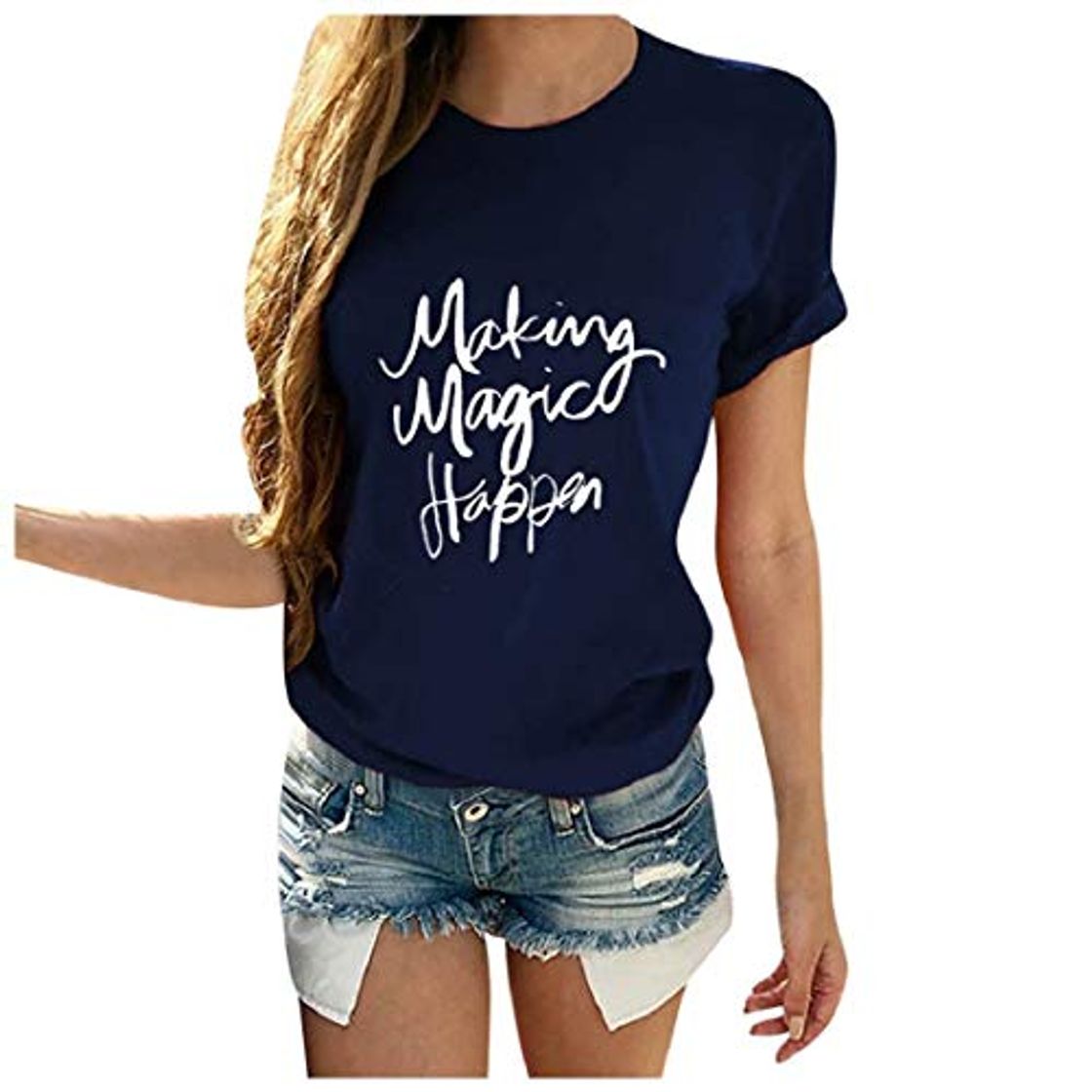 Fashion DEELIN Camiseta de Manga Corta para Mujer Casual Making Magic Happen Imprimir