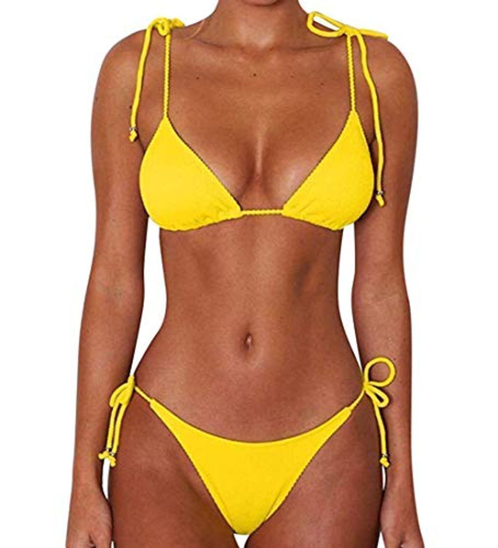 Moda JFan Bikini de Lazo Acanalado para Mujer Traje de Baño Brasileño con Parte Inferior Descarada
