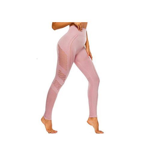 FITTOO Leggings Sin Costuras Corte de Malla Mujer Pantalon Deportivo Alta Cintura Yoga Elásticos Fitness Seamless #1 Rosa S