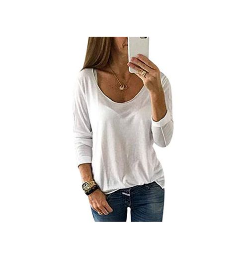 YOINS Camiseta de Manga Larga para Mujer Camisas con Rayas Cuello Redondo