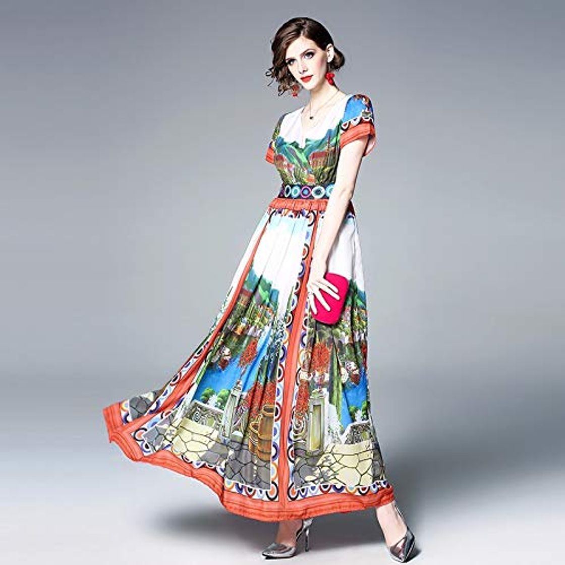 Social QUNLIANYI Vestidos Mujer Verano Pueblo Bohemio Pintura Impresa Maxi Vestido de Las Mujeres de Manga Corta con Cuello en v Elegante Vacaciones Vacaciones Plisado Largo Vestido XXL