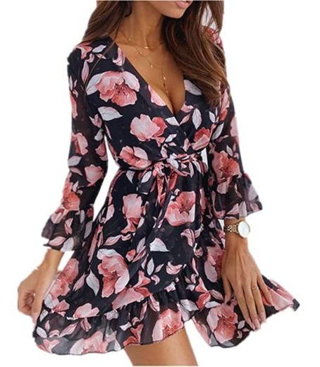 I3CKIZCE Vestido mini mujer casual cuello en V cordón estampado floral de