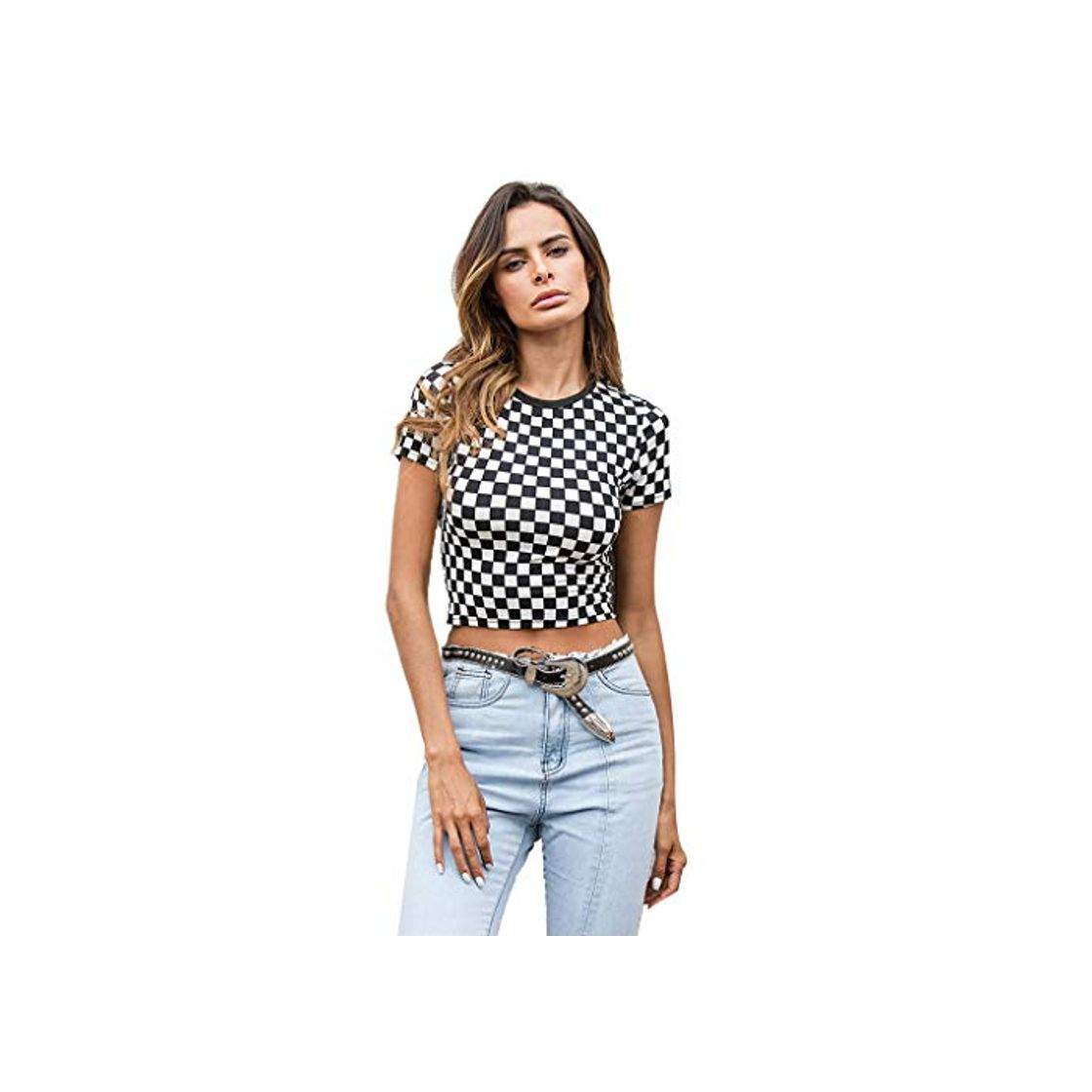 Productos Nuevas Mujeres Primavera Verano Camiseta Delgada Negro Blanco Patrón De Tablero De Ajedrez A Cuadros Crop Tops Manga Corta Camiseta De Algodón