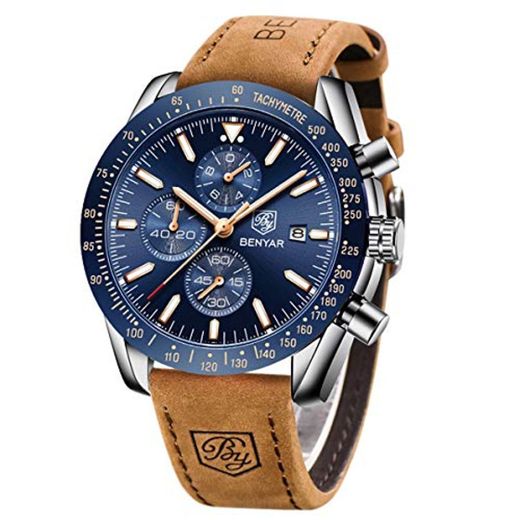 Relojes Hombre BENYAR Cronógrafo Analógico Cuarzo 3AMT Impermeable Pulsera de Cuero Deporte Watch Business Casual Relojes de Pulsera Regalo Elegante