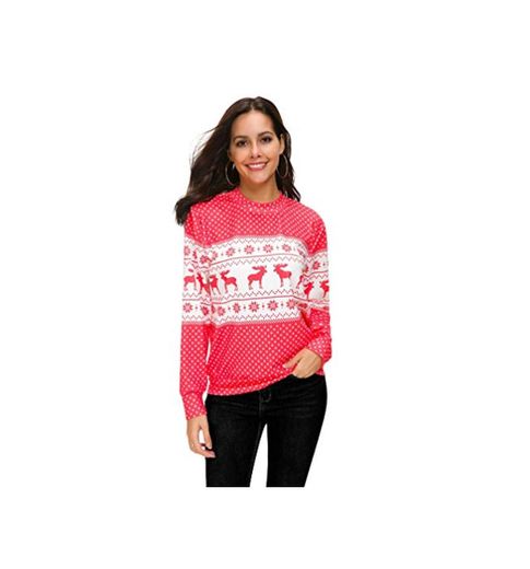 Xegood Suéter Navide Mujer Manga Larga Originales Suelto Deportiva Casual Christmas Sweater Blusa Rojo XL