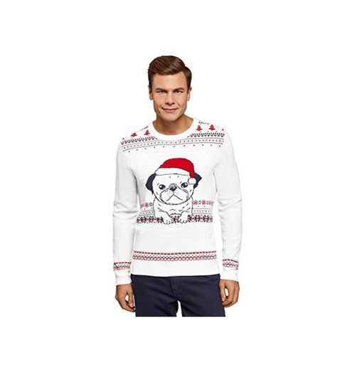 oodji Ultra Hombre Jersey Navideño de Punto con Decoración de Invierno, Blanco,