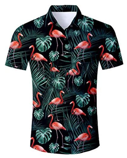 Funnycokid Camisas Hawaianas para Adolescentes Blusas de Manga Corta con Estampado de flamencos para Hombre Blusas con Pantalones de Playa Bañador