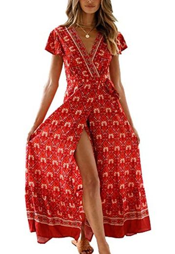 Vestido Mujer Bohemio Largo Verano Playa Fiesta Floral Manga Corta Cuello en V Talla Split Wrap Maxi Vestidos 5 XL