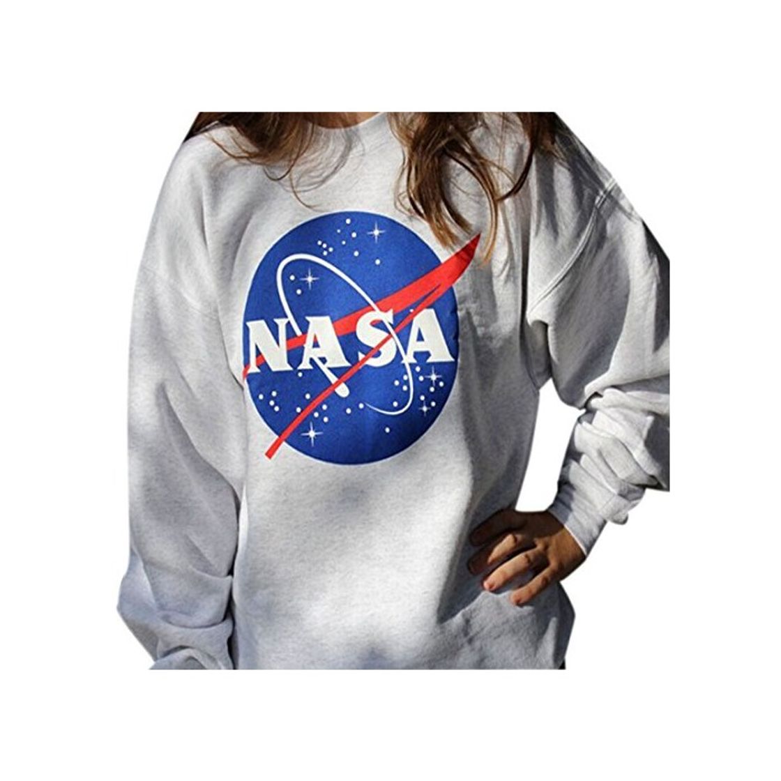 Fashion Suelta de manga larga de cuello redondo ocasional de la NASA patron de la camisa de las mujeres Camiseta de algodon