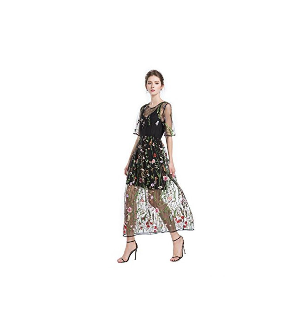 Fashion BaronHong Mujer Floral Tulle Prom Vestido Maxi con Cami Dress 3/4 Mangas