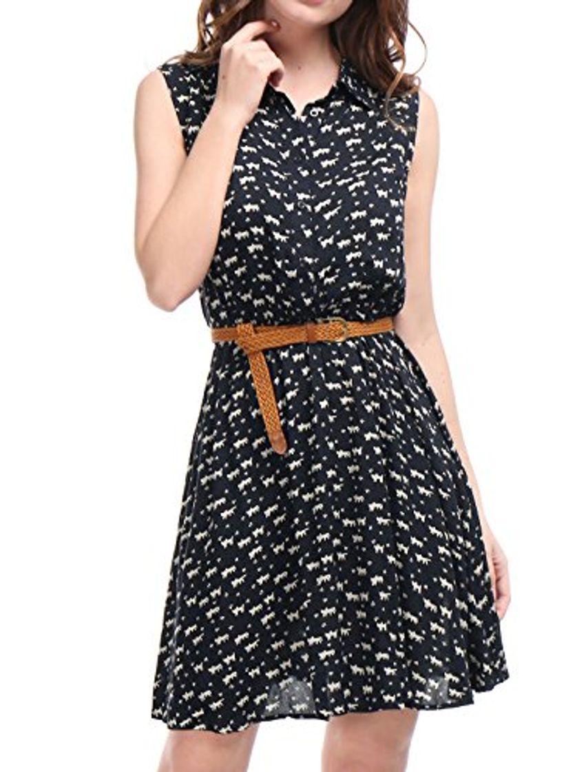 Social Allegra K Mujer Vestido Camisero Estampado Sin Mangas con Cinturón Día De