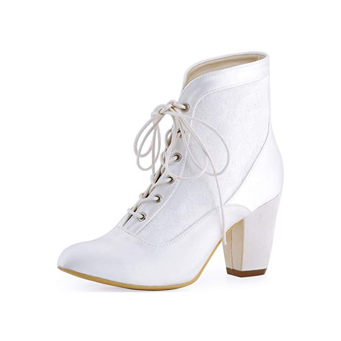 Moda ElegantPark HC1528 Zapatos de Boda Mujer Botines de Novia Chunky Tacón Alto Punta Chiusa Satén Cordones Botas para Novia Blanco EU 39