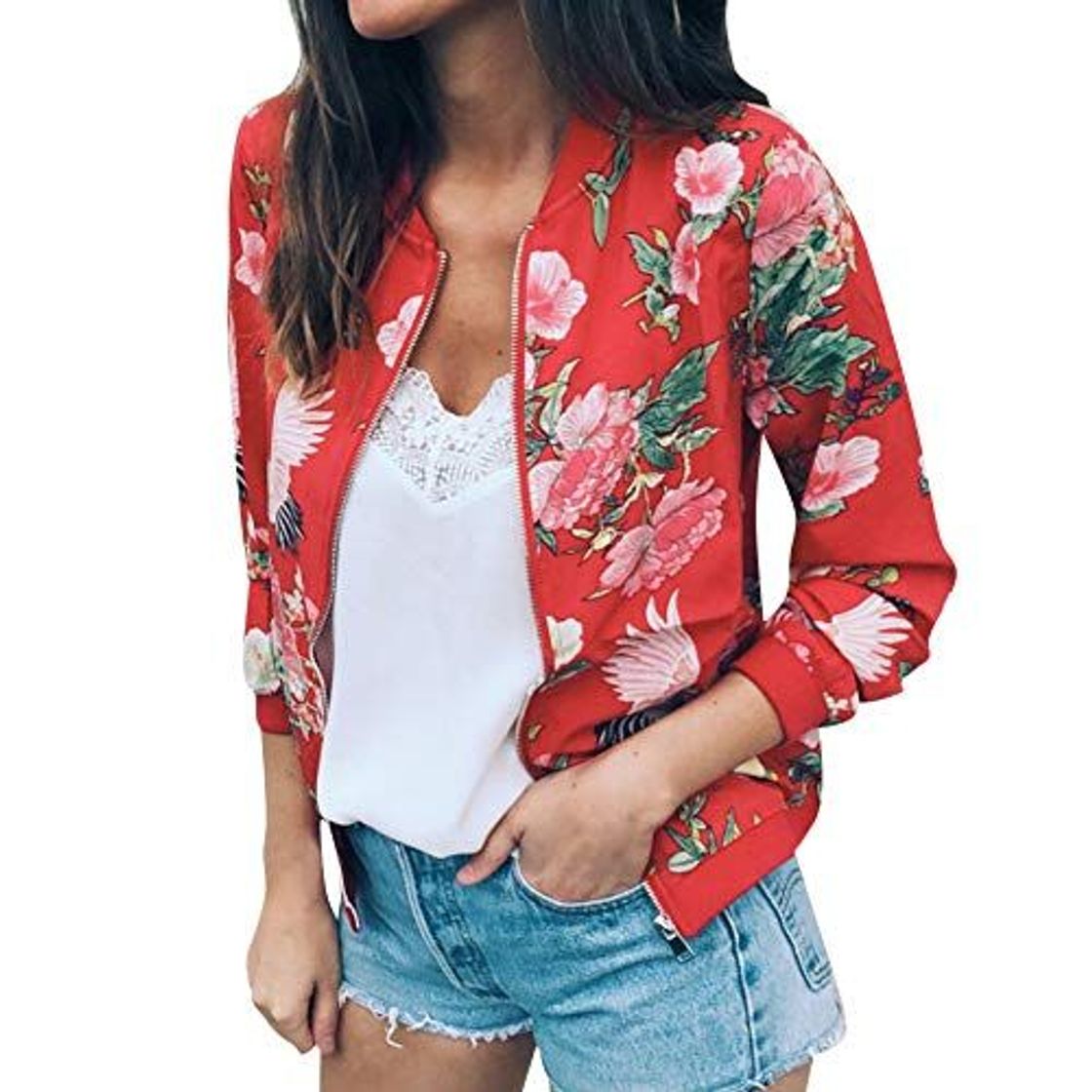 Moda Overdose Las Nuevas SeñOras De Las Mujeres Retro Floral O-Cuello Zipper Up