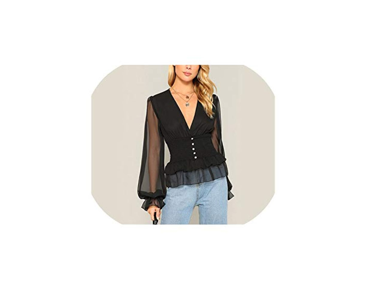 Fashion Blusa de manga de malla negra con detalle de botones y volantes