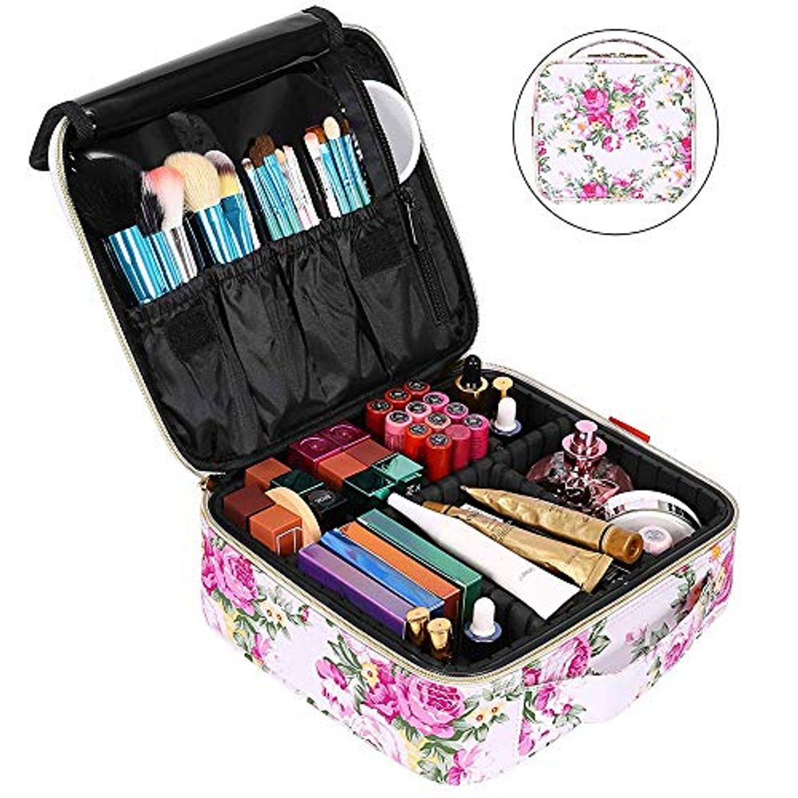 Producto El maquillaje del caso cosmético lindo bolsa caso de trenes Profesional for la Mujer del organizador del recorrido del maquillaje de cuero con el cepillo Sección divisores extraíbles for Cosmética Maq