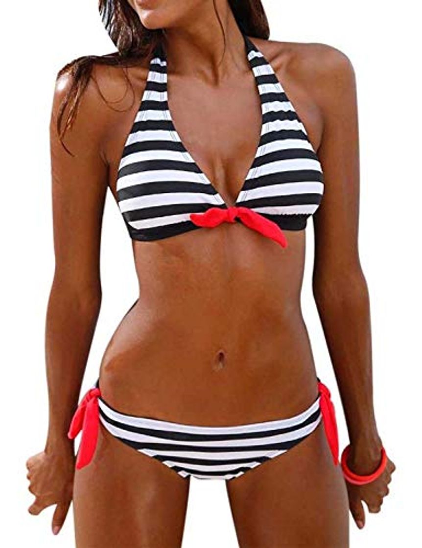 Moda Voqeen Mujer Bikini Rayas Cabestro Traje de baño Acolchado Ropa de Playa de Dos Piezas