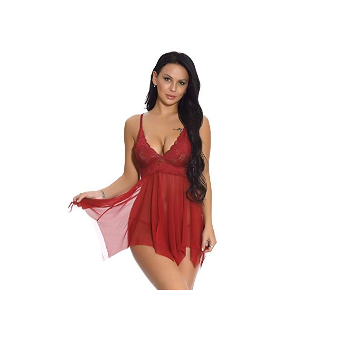 Moda ADOME Mujeres con Cuello en V Babydoll de Encaje Babydoll Lencería Espalda Abierta Ropa de Dormir Ropa Interior con Bragas