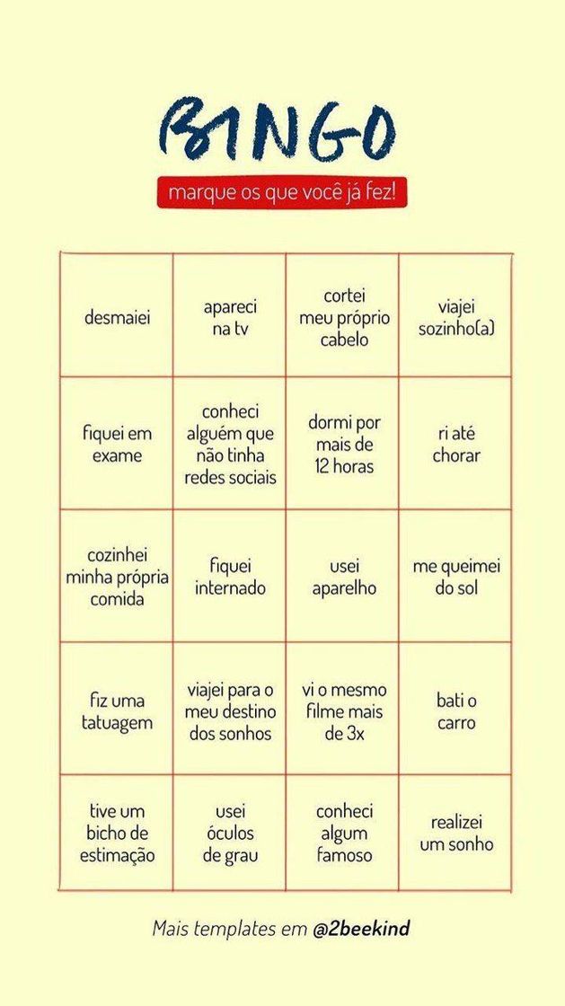 Fashion Bingo o que você já fez