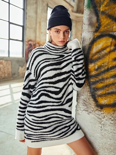 SHEIN zebra stripe drop shoulder sweater dress