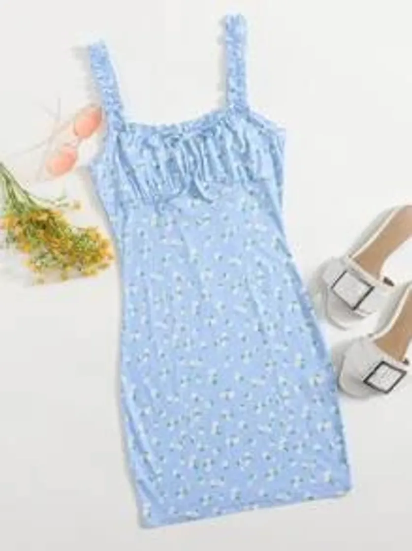 Fashion Vestido ocasional de florsinhas com babado - SHEIN