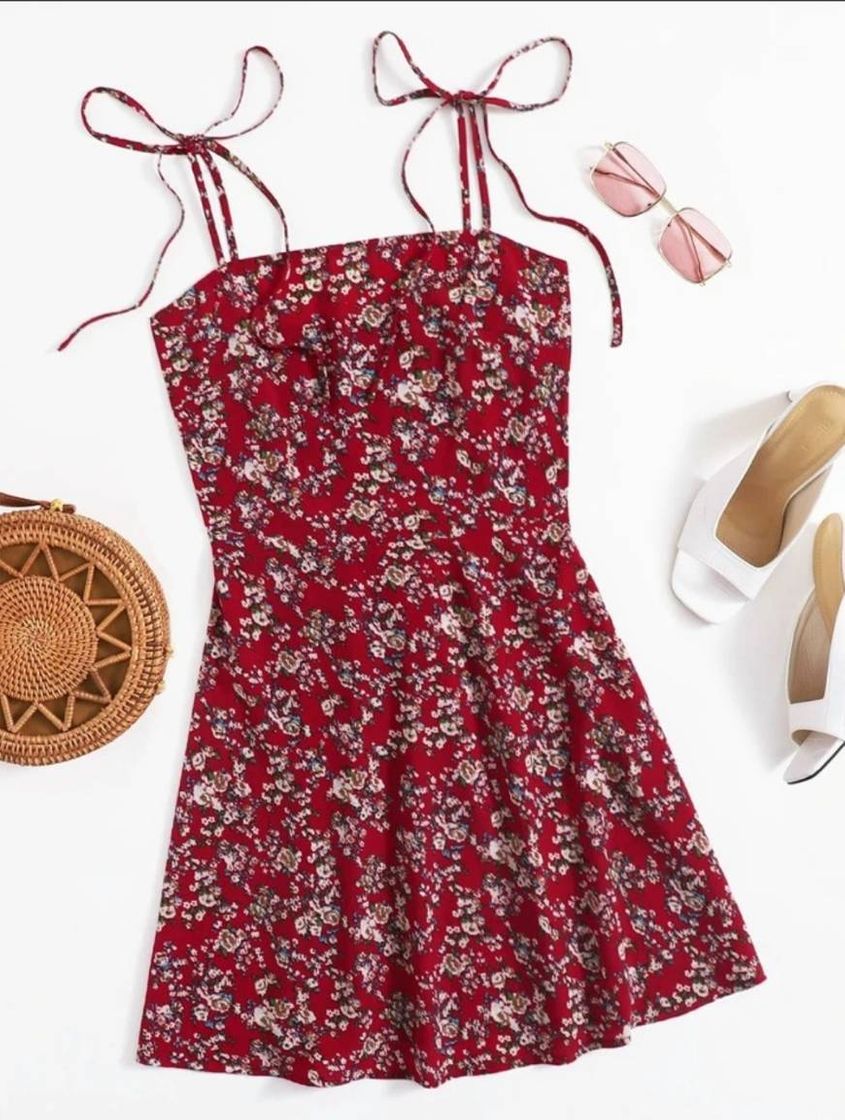 Moda Vestido vermelho de nó e florsinhas - SHEIN 