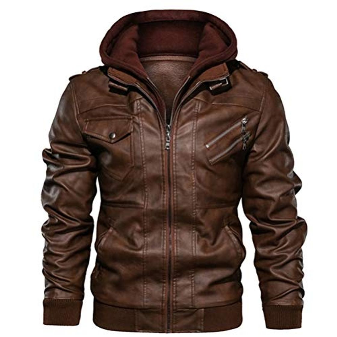 Fashion QQSA Men's Casual Pu Leather Hoodie Jacket Leather Jacket Mens Slim Fit