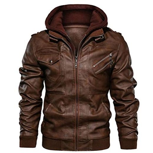 QQSA Men's Casual Pu Leather Hoodie Jacket Leather Jacket Mens Slim Fit