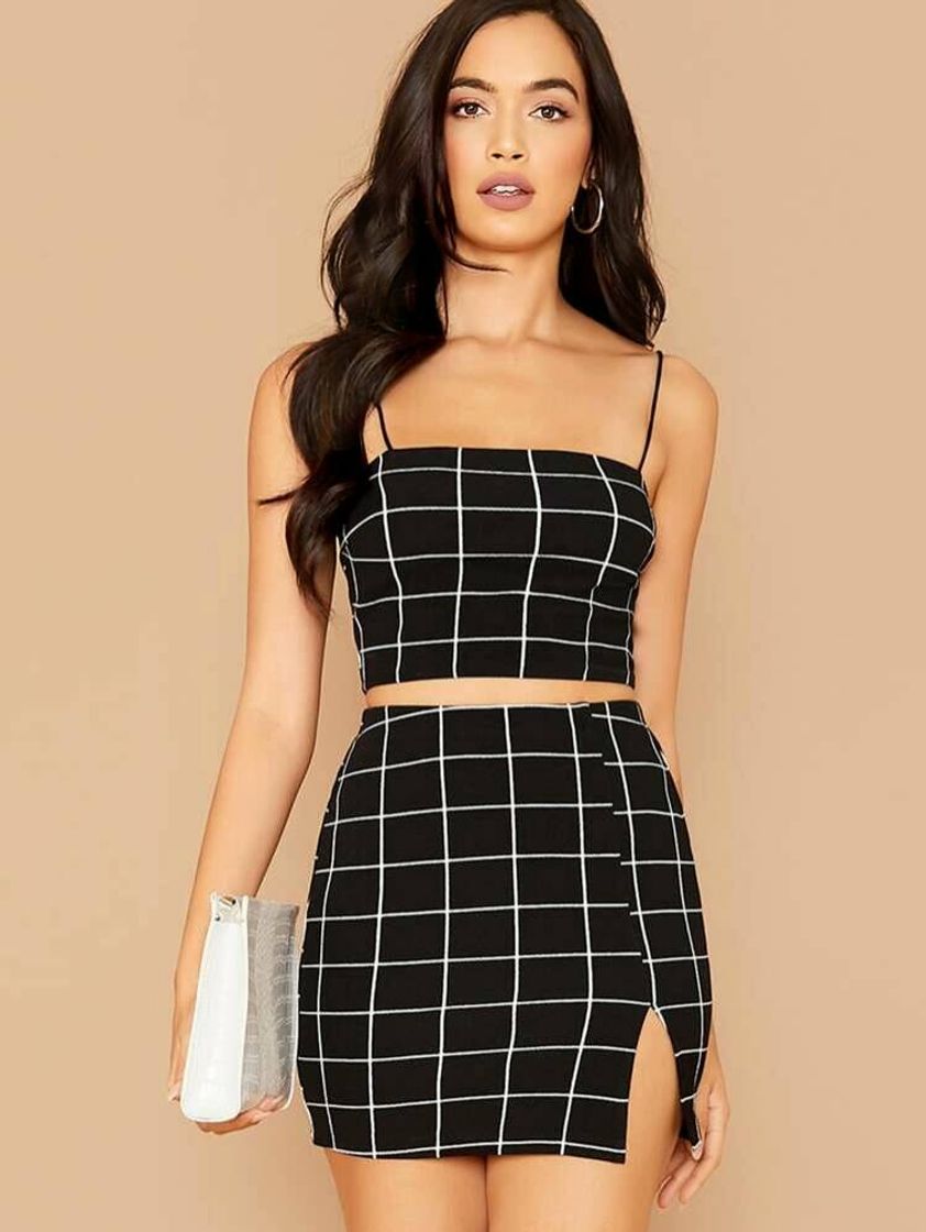 Fashion Grid Print Cropped Cami Top & Mini Skirt Set