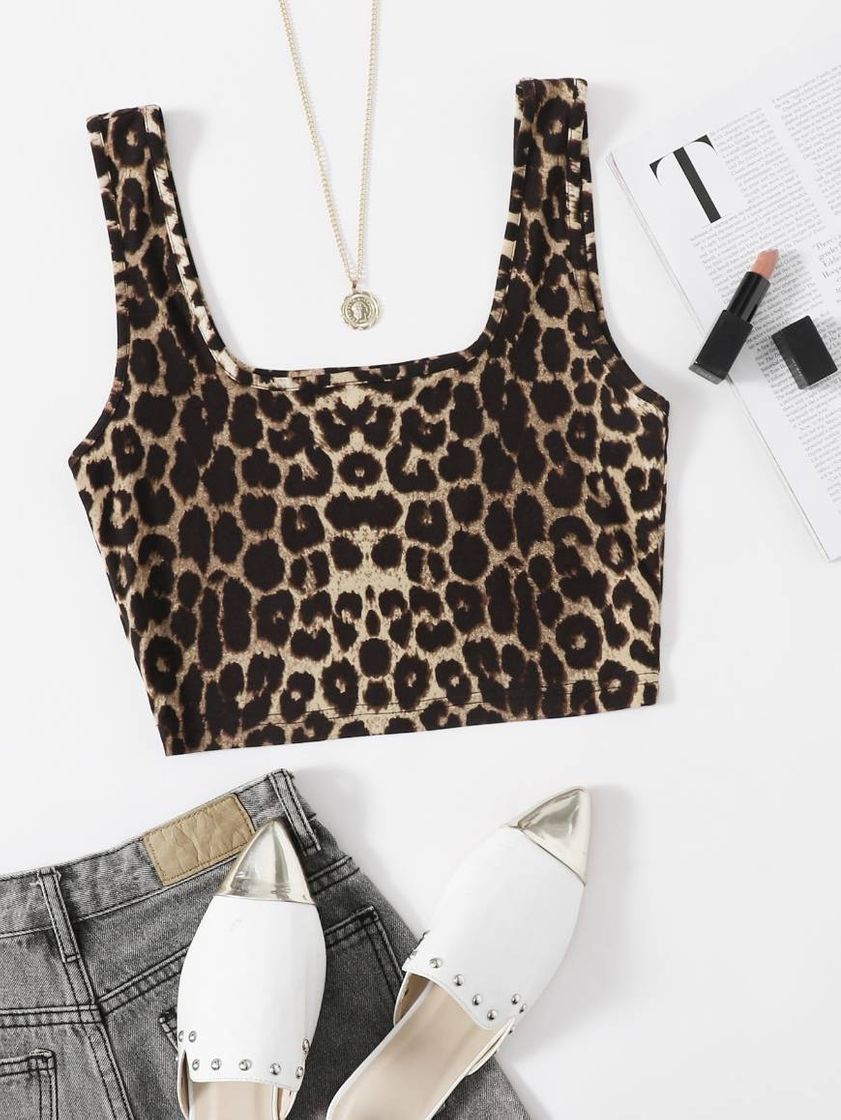 Moda Camiseta regata cortada com estampa de leopardo 😍