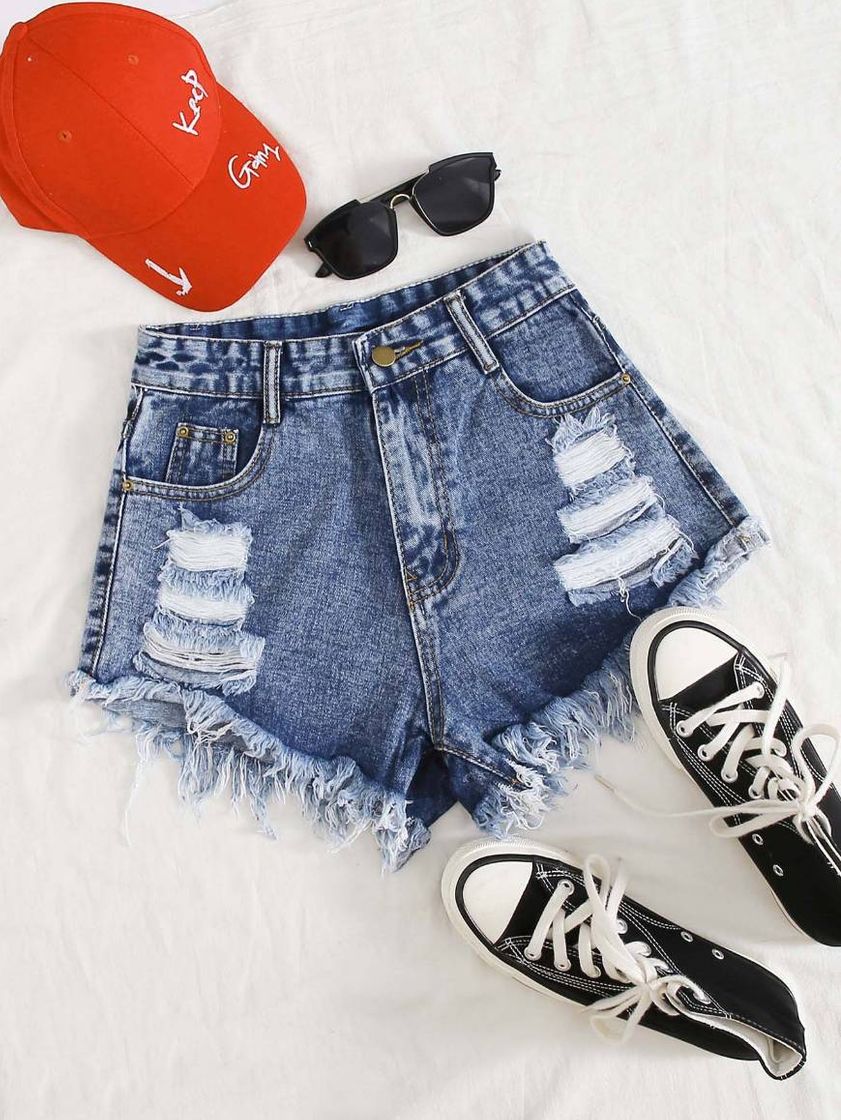 Moda Shorts jeans marinha rasgado 