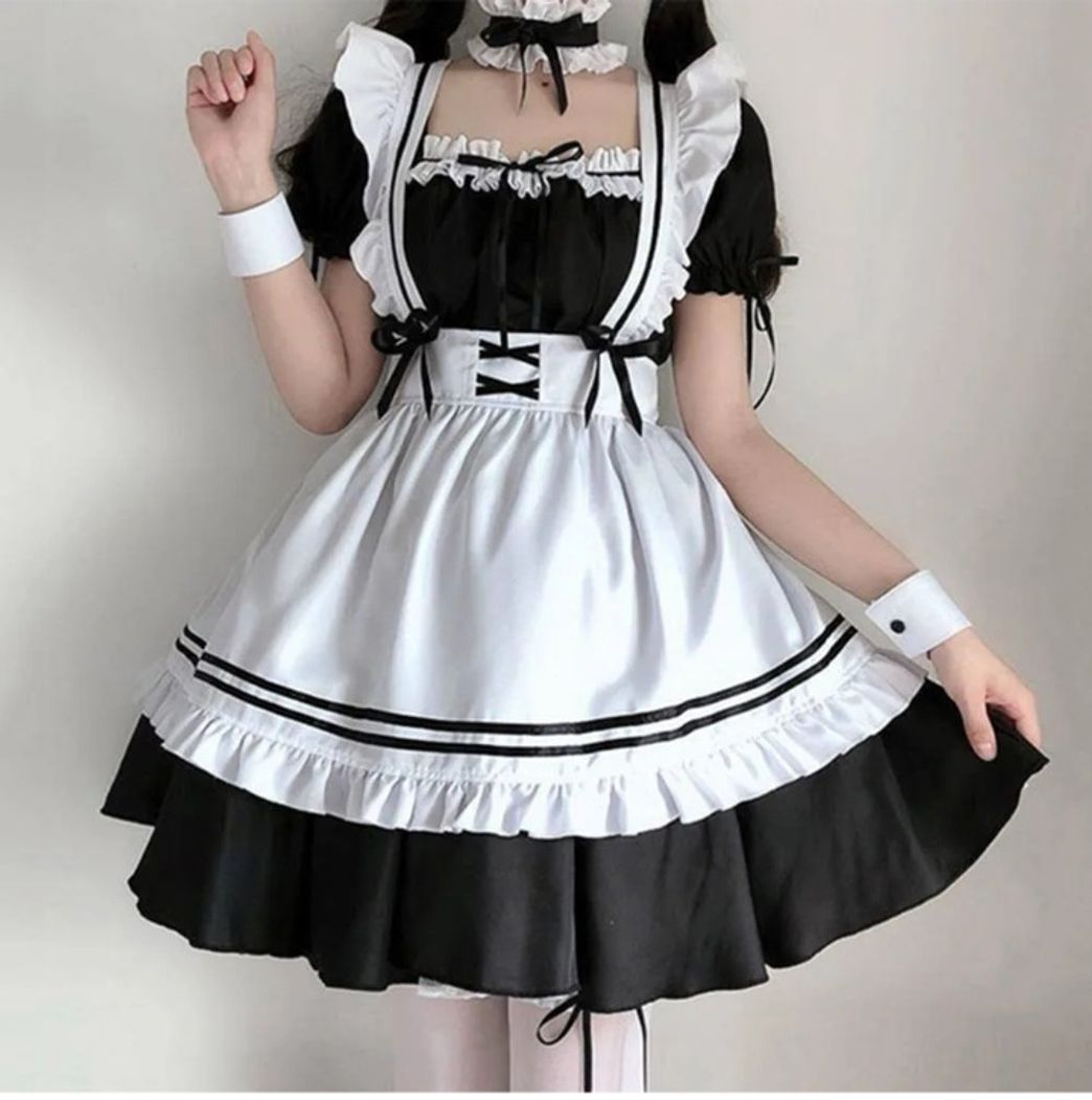 Fashion Vestido feminino de empregada branco e preto de anime