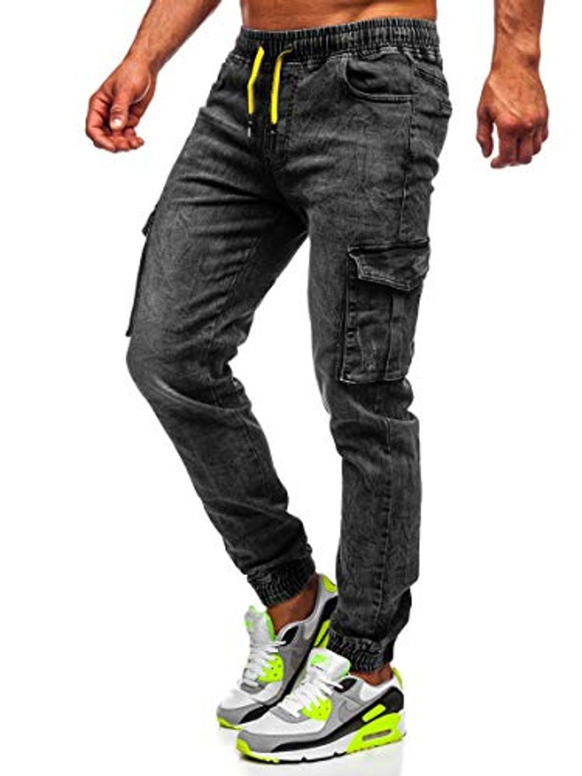 Social BOLF Hombre Pantalón Vaquero Jogger Pantalón Cargo Denim Jeans Pantalón de Mezclilla Sombreado Vaqueros de Algodón Slim Fit Estilo Urbano Red Fireball HY686 Negro XL [6F6]