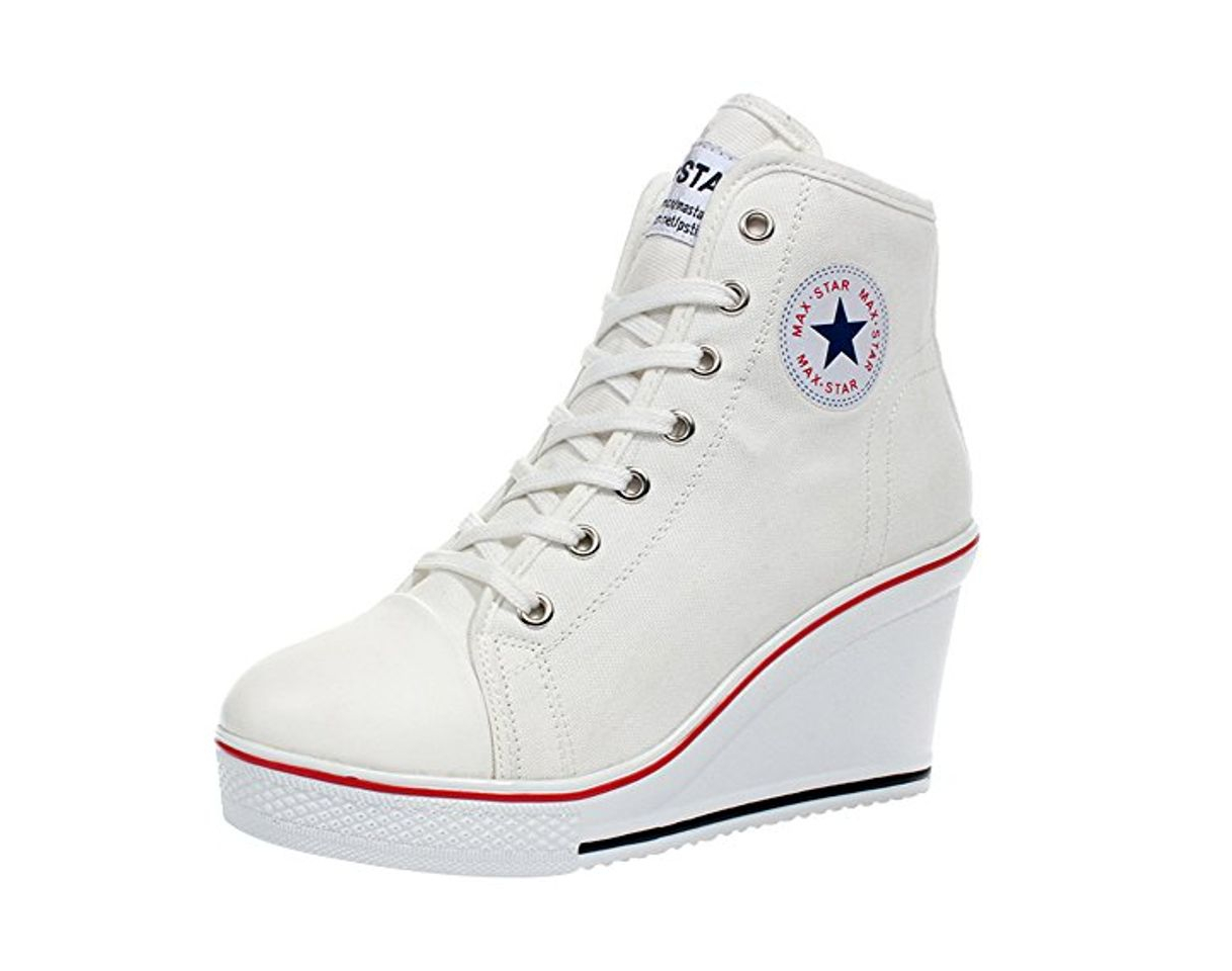 Moda Wealsex Mujer Cuñas Zapatos De Lona High-Top Zapatos Casuales Encaje Talla Grande