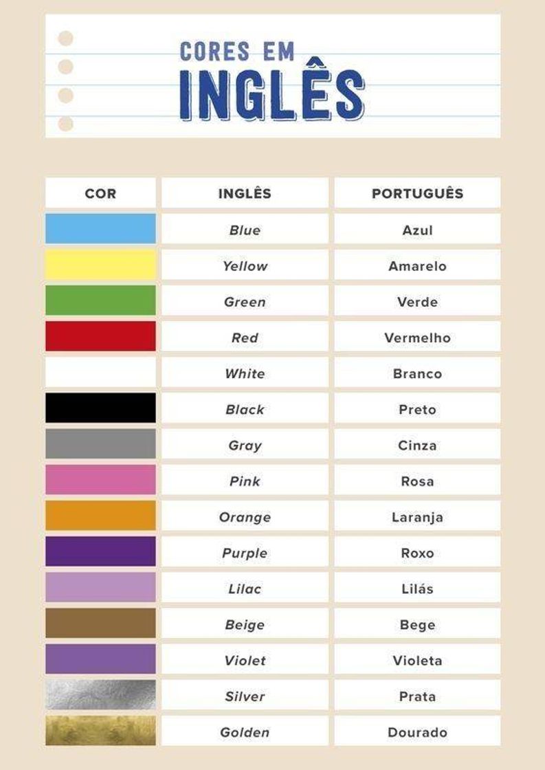 Moda Cores em inglês 