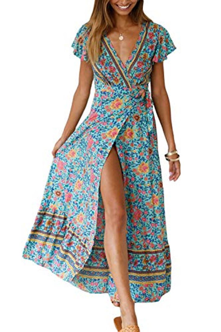 Fashion Vestido Mujer Bohemio Largo Verano Playa Fiesta Floral Manga Corta Cuello en V Talla Split Wrap Maxi Vestidos 6 L