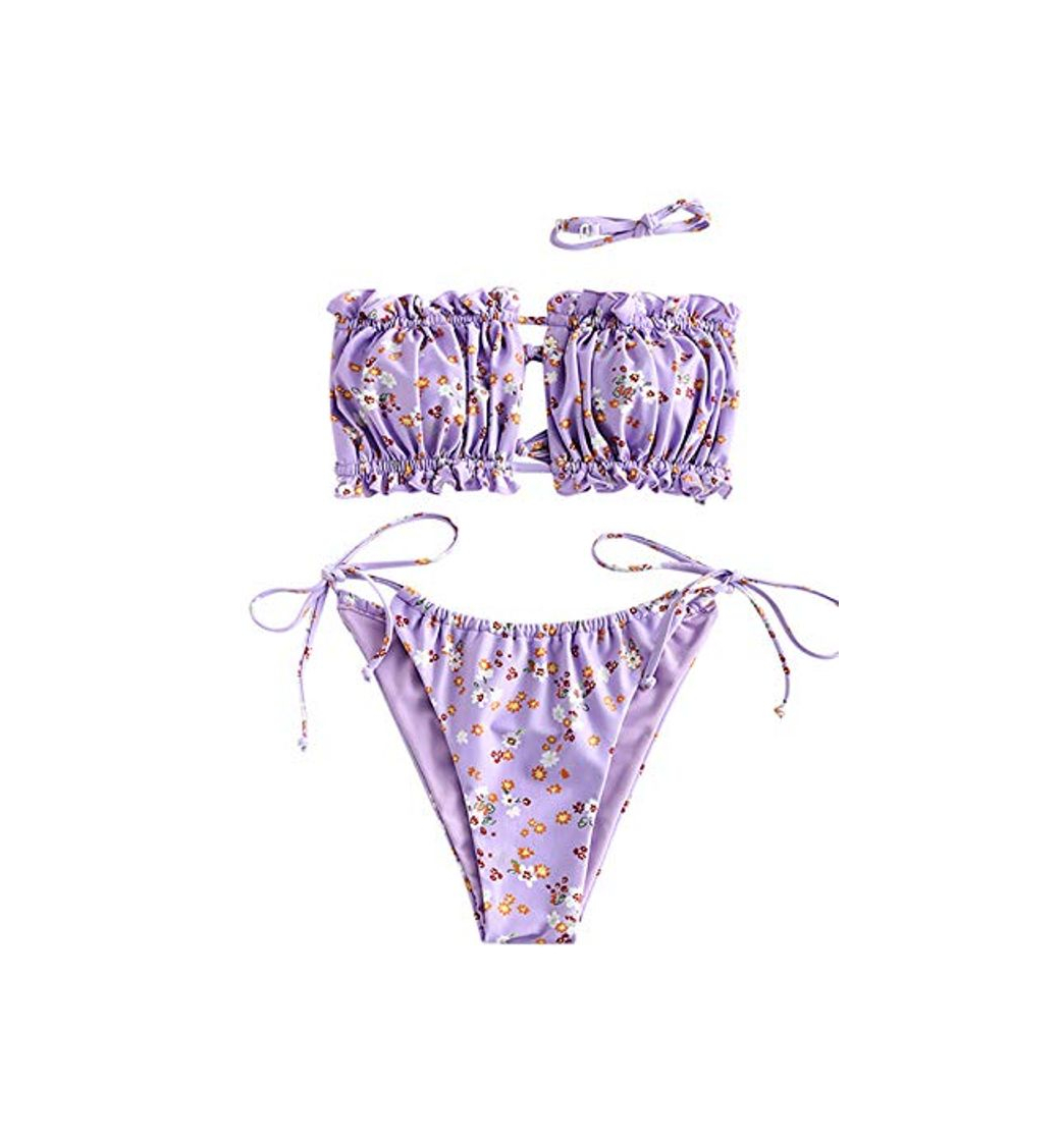 Moda ZAFUL Bikini bandeau Floral Lace Up Ruched para mujer morado L