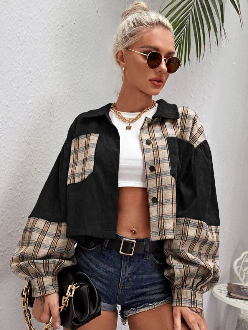 Social Tartan Panel Corduroy Crop Shacket