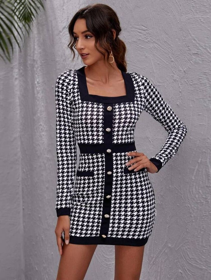 Social Button Front Houndstooth Bodycon Dress