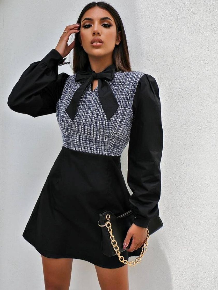 Social Tie Neck Contrast Tweed A-line Dress