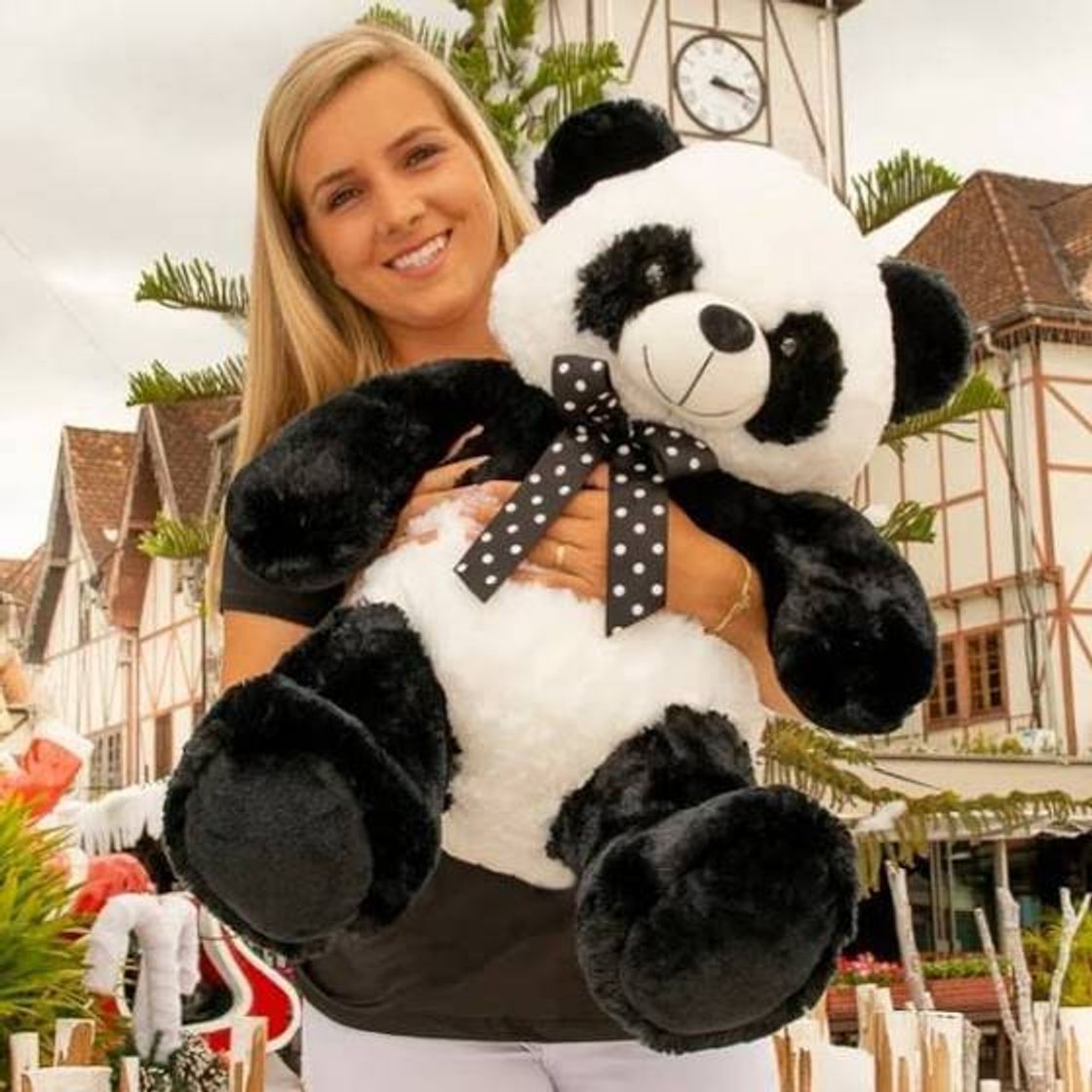 Moda Urso Panda de Pelúcia 67 cm - Com Laço Preto com Bolinhas 